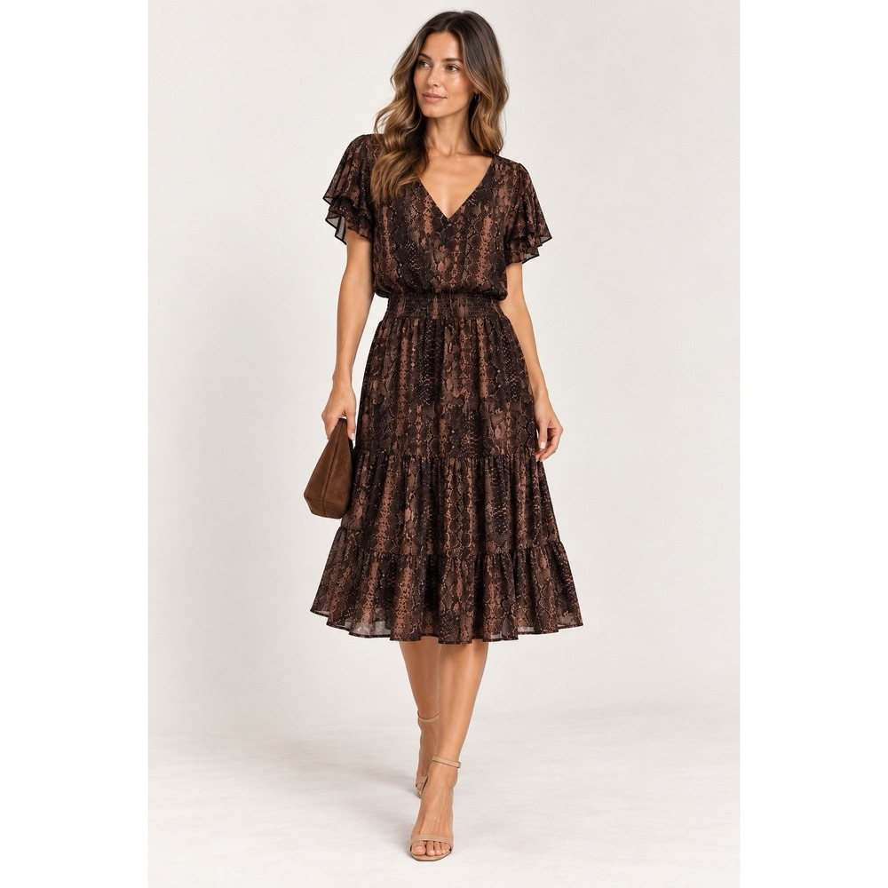 Nanette Lepore Size 16 Brown Snakeskin Print Maxi Dress Tiered Flutter Sleeve